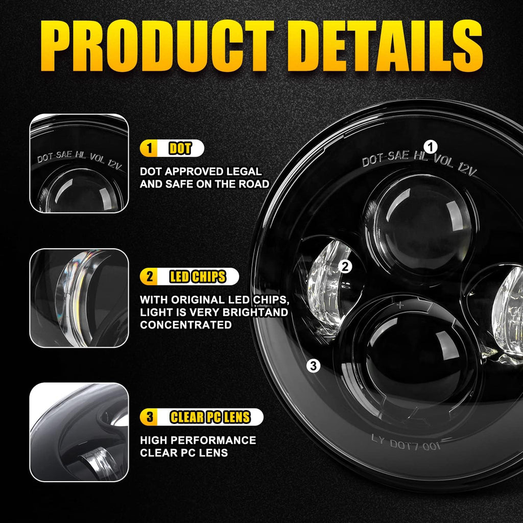 Dot Approved 7Inch Black LED Headlight with Mounting Bracket Compatible with Motorcycle Tour,FLD,Softail Heritage,Street Glide,Road King,Electra Glide,Yamaha V-Star Road Star Wrangler
