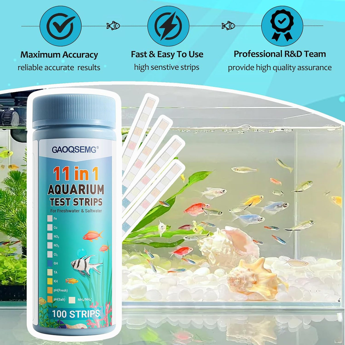 11 in 1 Aquarium Water Test Kit,Fish Tank Freshwater Ammonia Test Strips