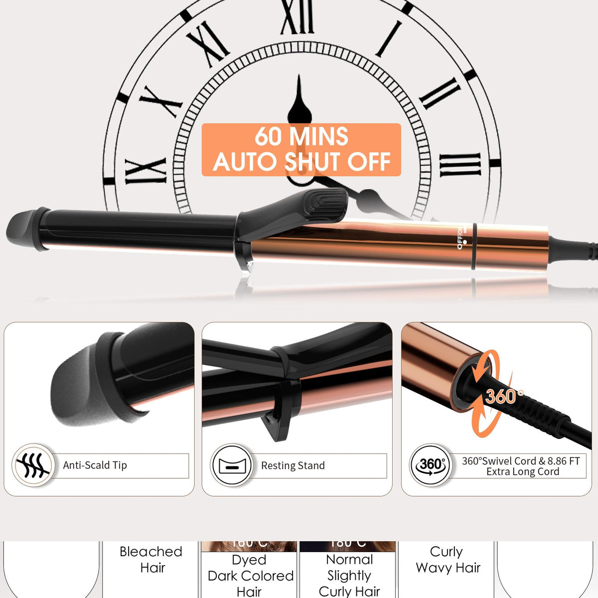 1 Curling Iron, 60s Heat up, 6 Temperature Settings, Gold