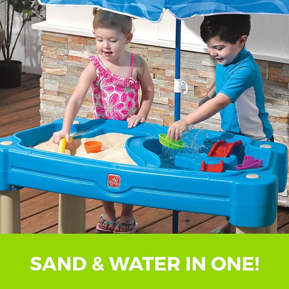 Step2 Cascading Cove Sand and Water Table, Kids Activity Sensory Playset, Comes with Umbrella, Summer Outdoor Toys, 7