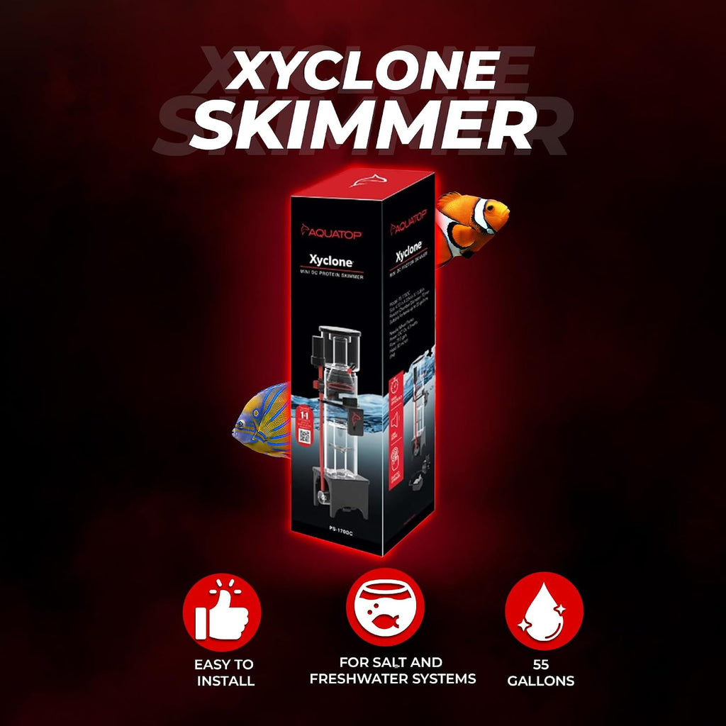 Xyclone Mini DC Protein Skimmer – Filtration for Saltwater Aquariums – Ultra-Quiet Operation – Up to 55 Gal – Hang-On