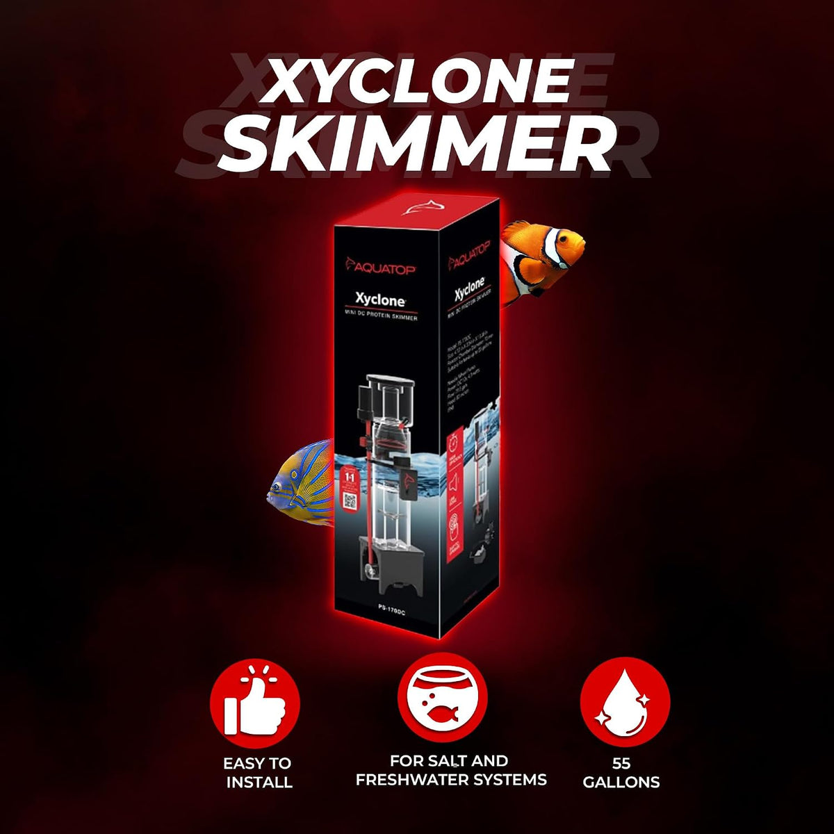 Xyclone Mini DC Protein Skimmer – Filtration for Saltwater Aquariums – Ultra-Quiet Operation – Up to 55 Gal – Hang-On