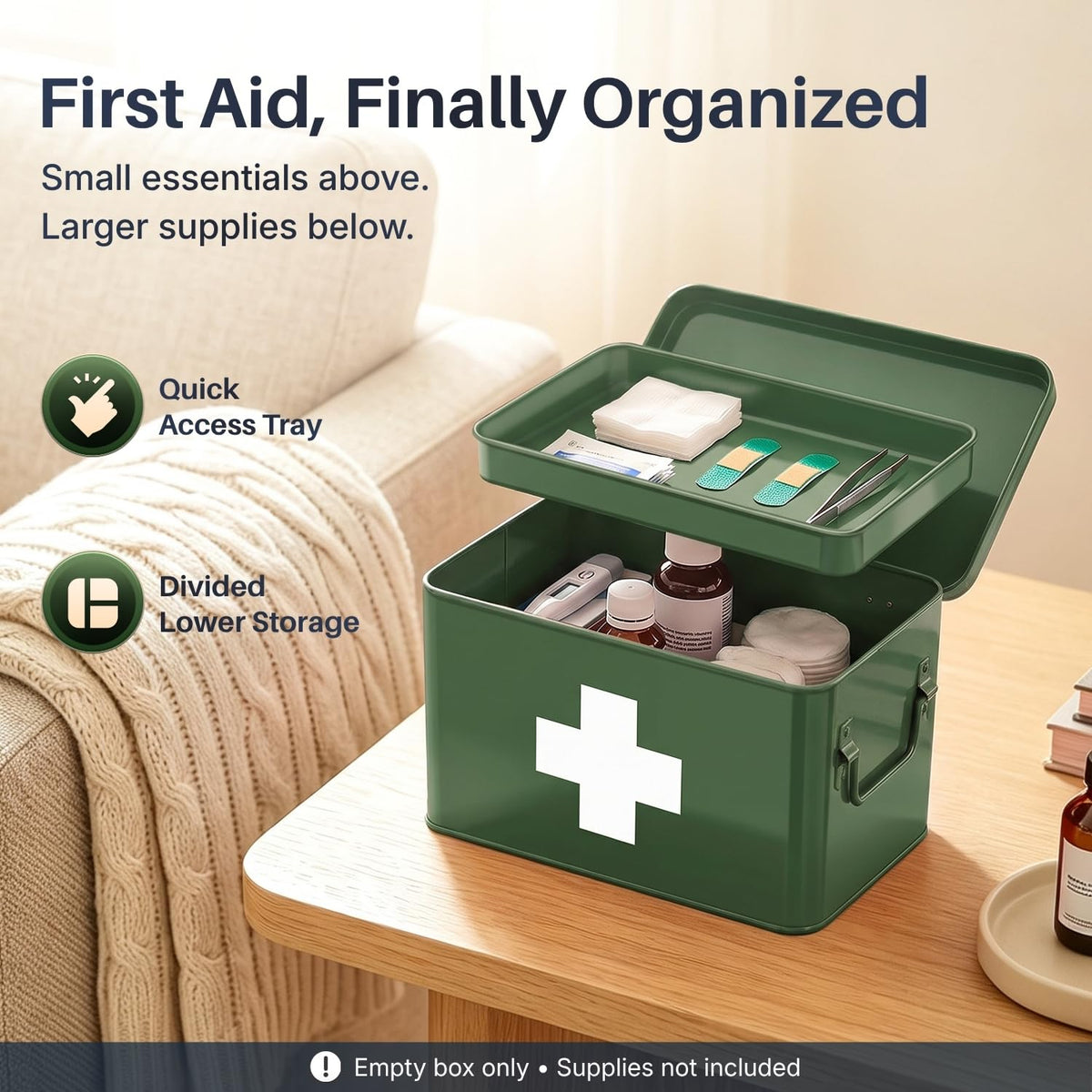 Large Metal First Aid Box Empty, 8.5-Inch, Green with White Cross