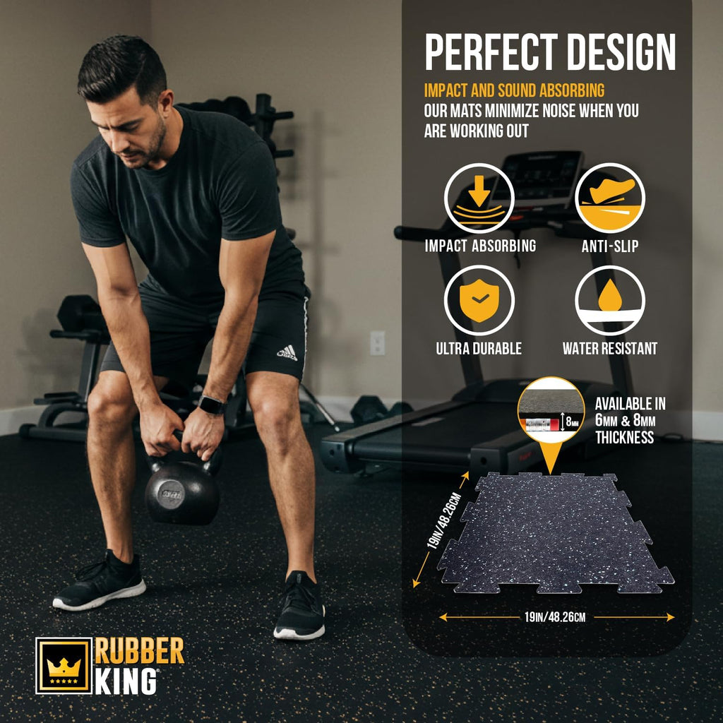 Rubber King 10 Piece Interlocking Tiles 19" x 19" x 6mm - 100% Recycled Rubber Gym Floor Tiles, Exercise Mat for Home