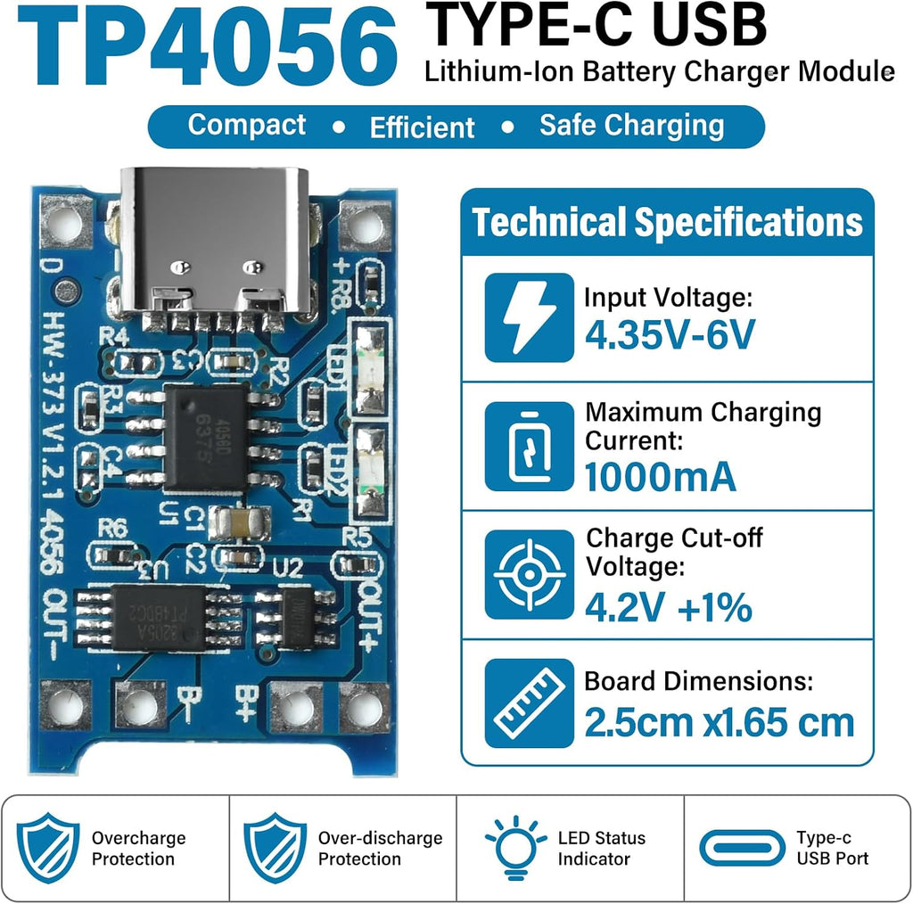 10PCS TP4056 Type-C USB 5V 1A 18650 Lithium Battery Charger Module with Dual Protection Function + 10PCS 18650 Battery Holders
