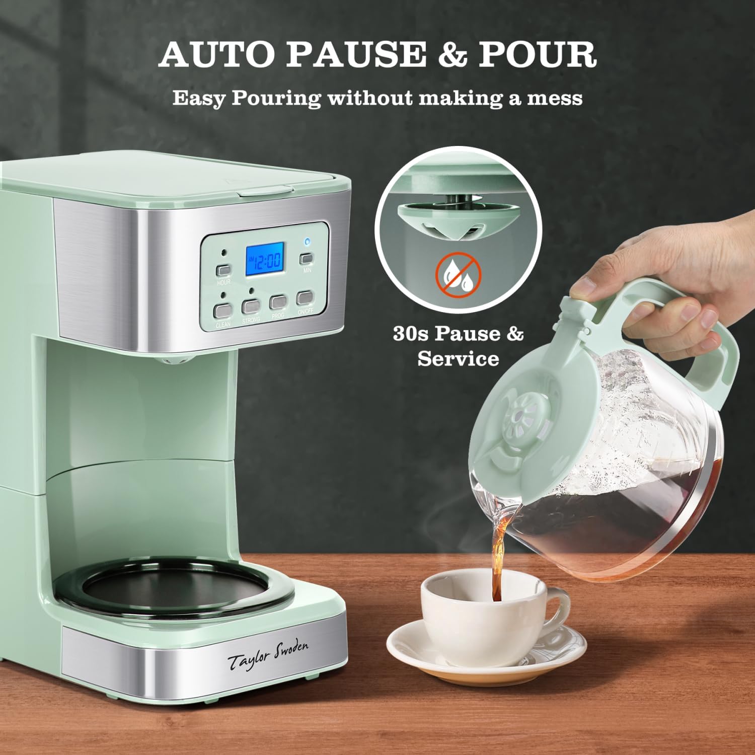 12-Cup Programmable Coffee Maker, Green & Stainless Steel | Regular & Strong Brew Drip Coffee Machine for Home and