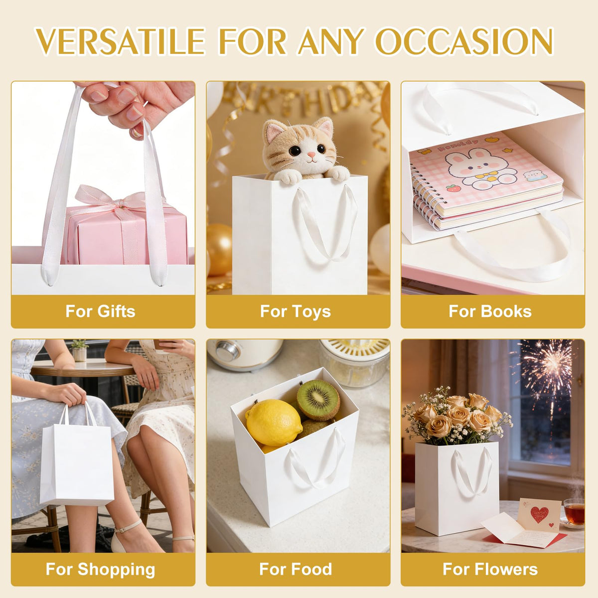 8 Pack Medium White Gift Bags with Handles & 8 Tissue Papers