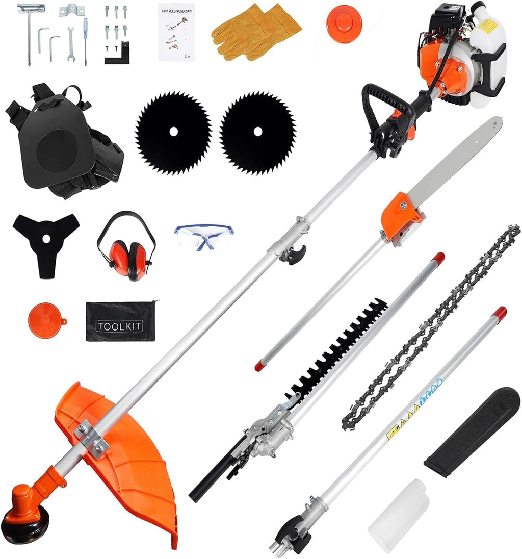 52cc Gas Powered String Trimmer & Brush Cutter, 2-Cycle Professional Weed Eater Weed Wacker 6-in-1 Multi-Tool with