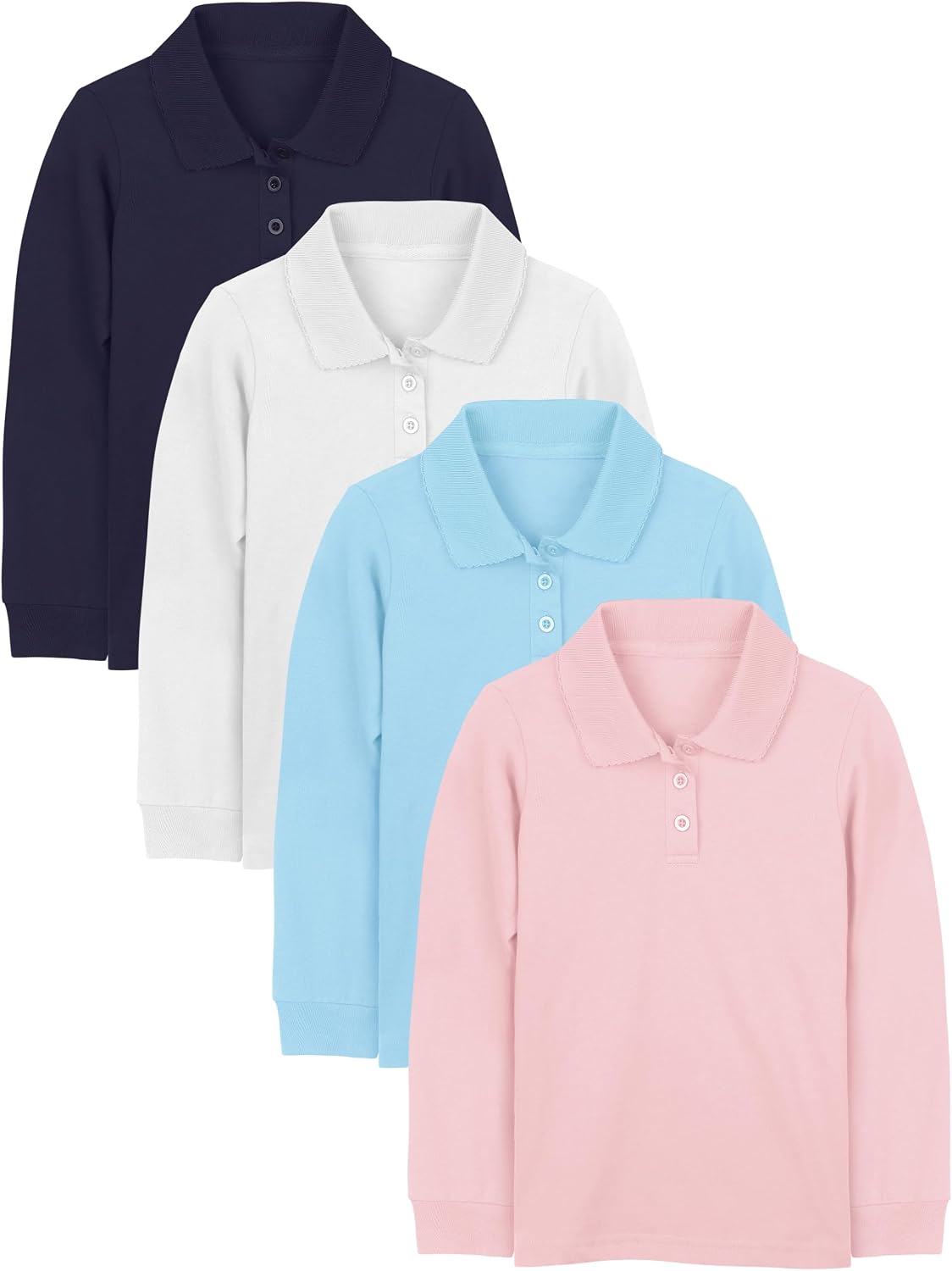 4 Pieces Girls' Long Sleeve Polo Shirt School Uniform Interlock Polo Shirt with Picot Collar, Button Closure