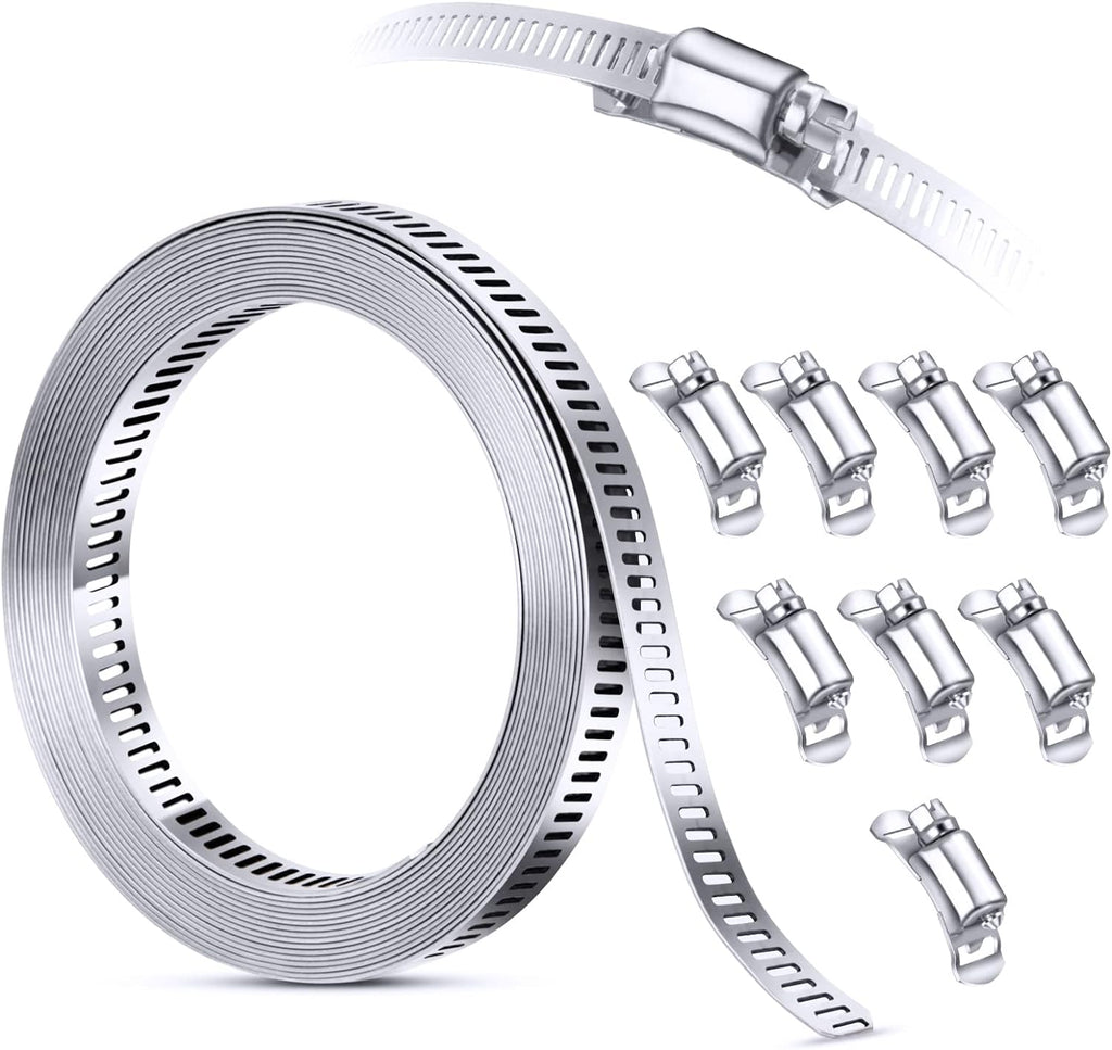 Stainless Steel Worm Gear Hose Clamp Assortment Kit, Cut-To-Fit | DIY 12FT Strap+8 Fasteners, Large Adjustable Band