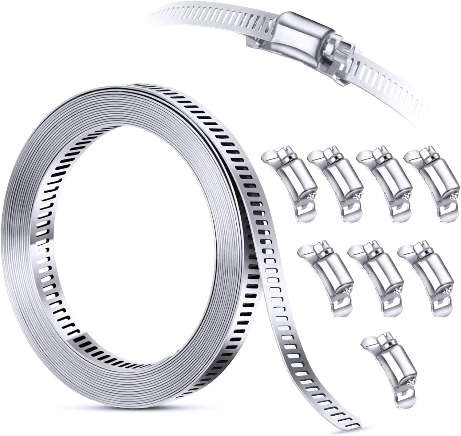 Stainless Steel Worm Gear Hose Clamp Assortment Kit, Cut-To-Fit | DIY 12FT Strap+8 Fasteners, Large Adjustable Band