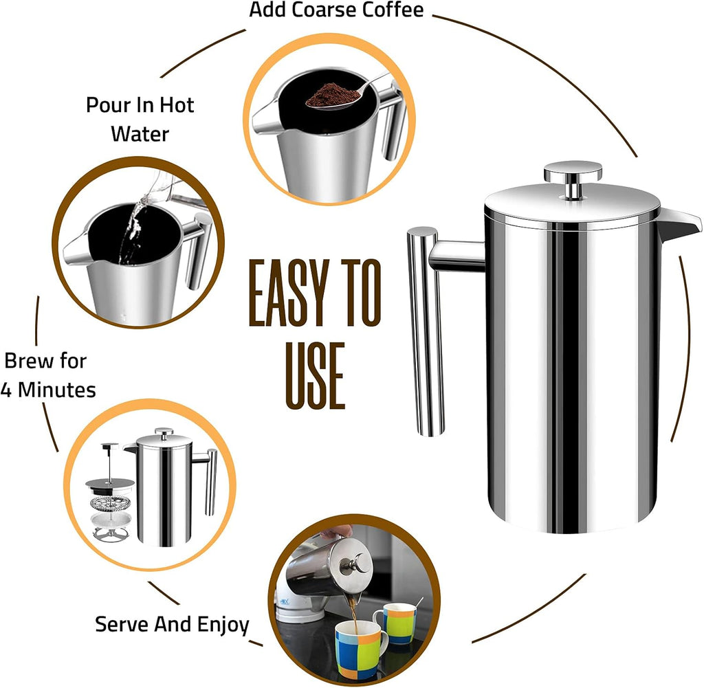 304 Grade Stainless Steel French Press 34 Oz, Silver | Double Wall Insulated Coffee Press with 4-Level Filtration