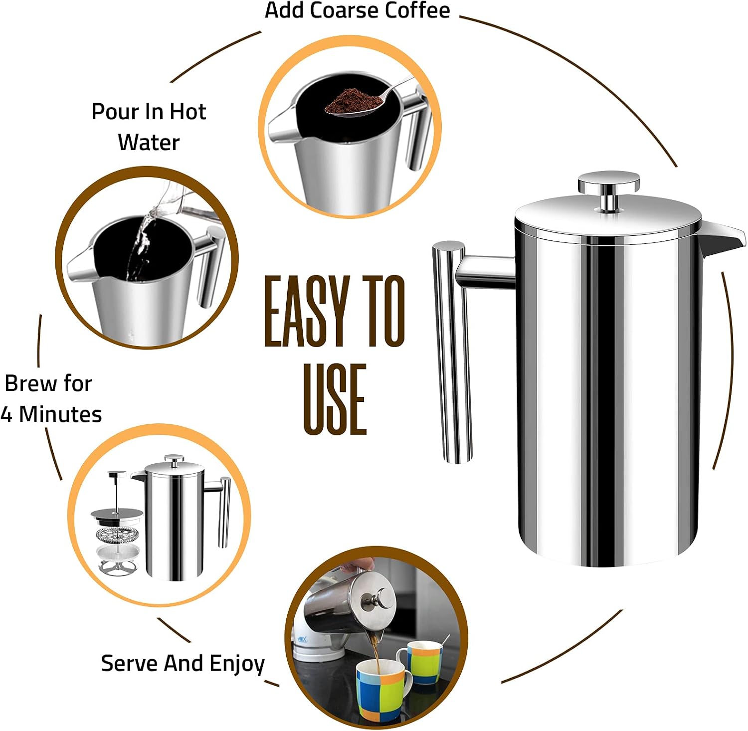 304 Grade Stainless Steel French Press 34 Oz, Silver | Double Wall Insulated Coffee Press with 4-Level Filtration