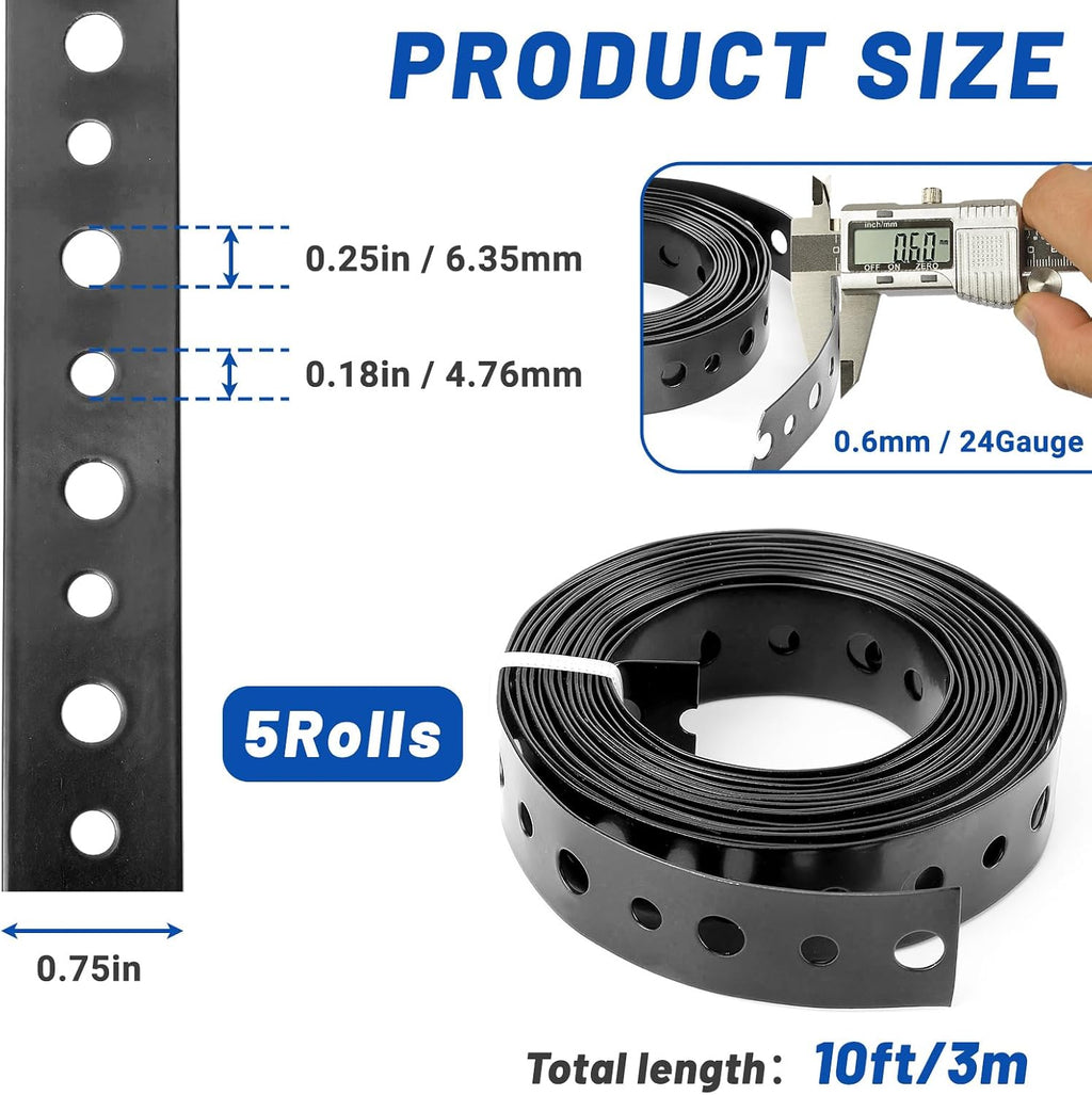 5 Rolls Black Metal Strapping with Holes, 3/4 Inch X 10 Feet 24 Gauge Galvanized Pipe Hanger Strap, Flexible Trimming