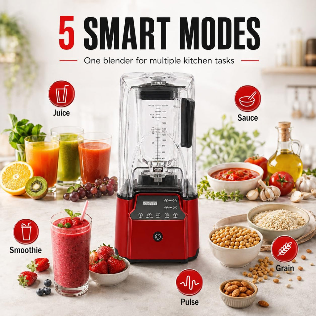2200W Commercial Blender with Sound Enclosure – 9-Speed 26000 RPM, 6 Sharp Steel Blades, Timer, 2.2L Professional