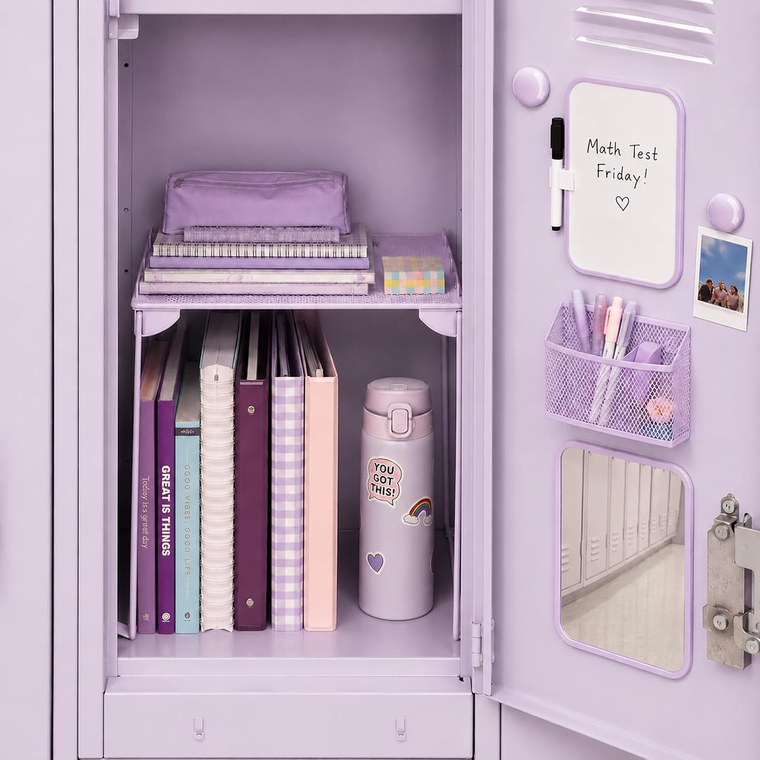 Locker Accessories with Locker Shelf, Magnetic Mirror, Magnetic Pen Holder, Magnetic Small Whiteboard, Back to School
