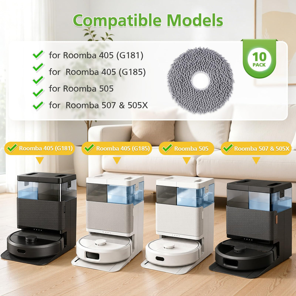 10 Pack Mop Pads Compatible With iRobot Roomba 505X, Plus 405/505 Combo