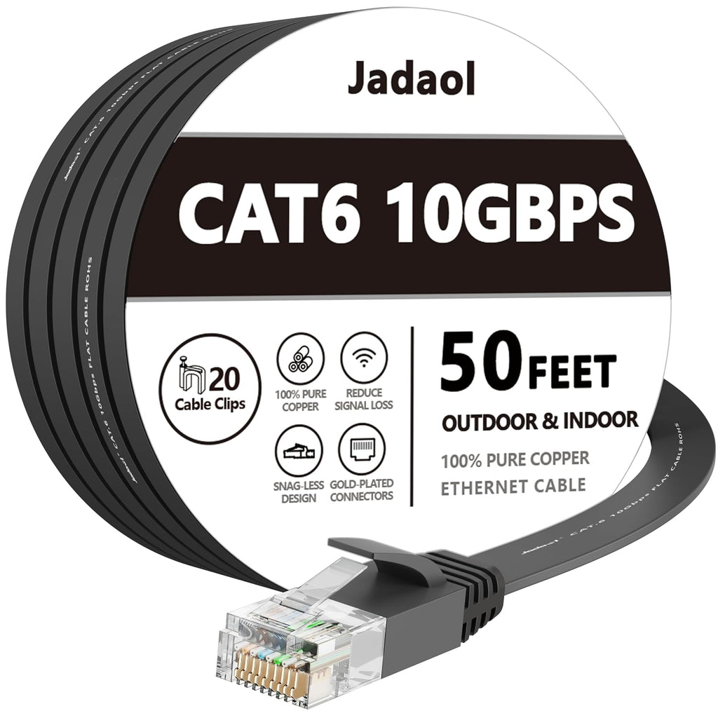 Cat6/Cat6A Ethernet Cable 50FT Flat with Clips 10Gbps Network, Black | 1FT 3FT 5FT 10FT 15FT 20FT 25FT 30FT 35FT 50FT