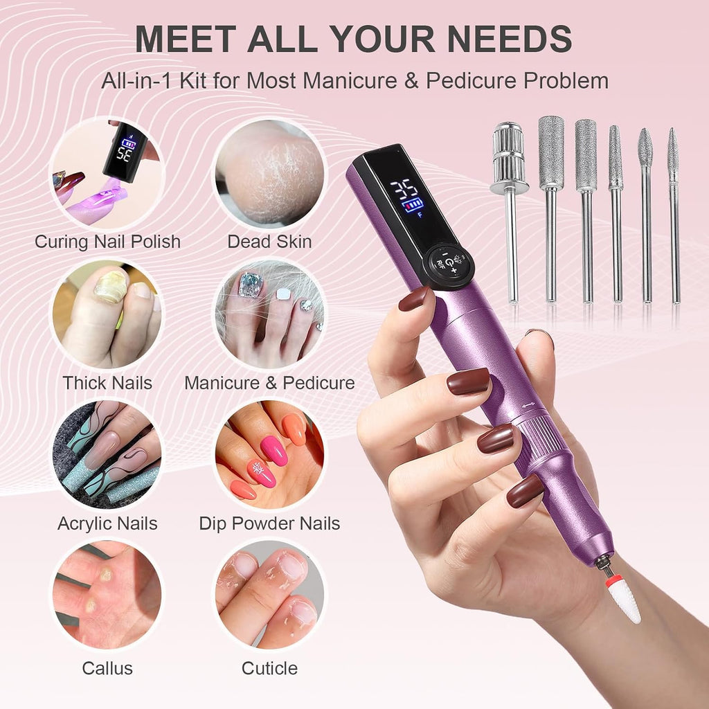 Electric Nail Drill Rechargeable Professional,2 in 1 Nail Grinder & UV Lamp Combo,35000 RPM,Portable Cordless Nail
