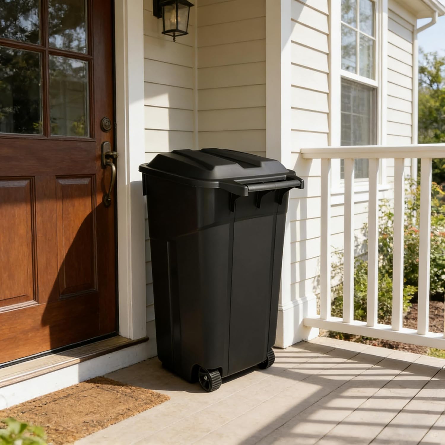 45 Gallon Trash Can with Wheels, Outdoor Trash Can with Lid, Heavy Duty Plastic Garbage Can, Click Lock Lid Design