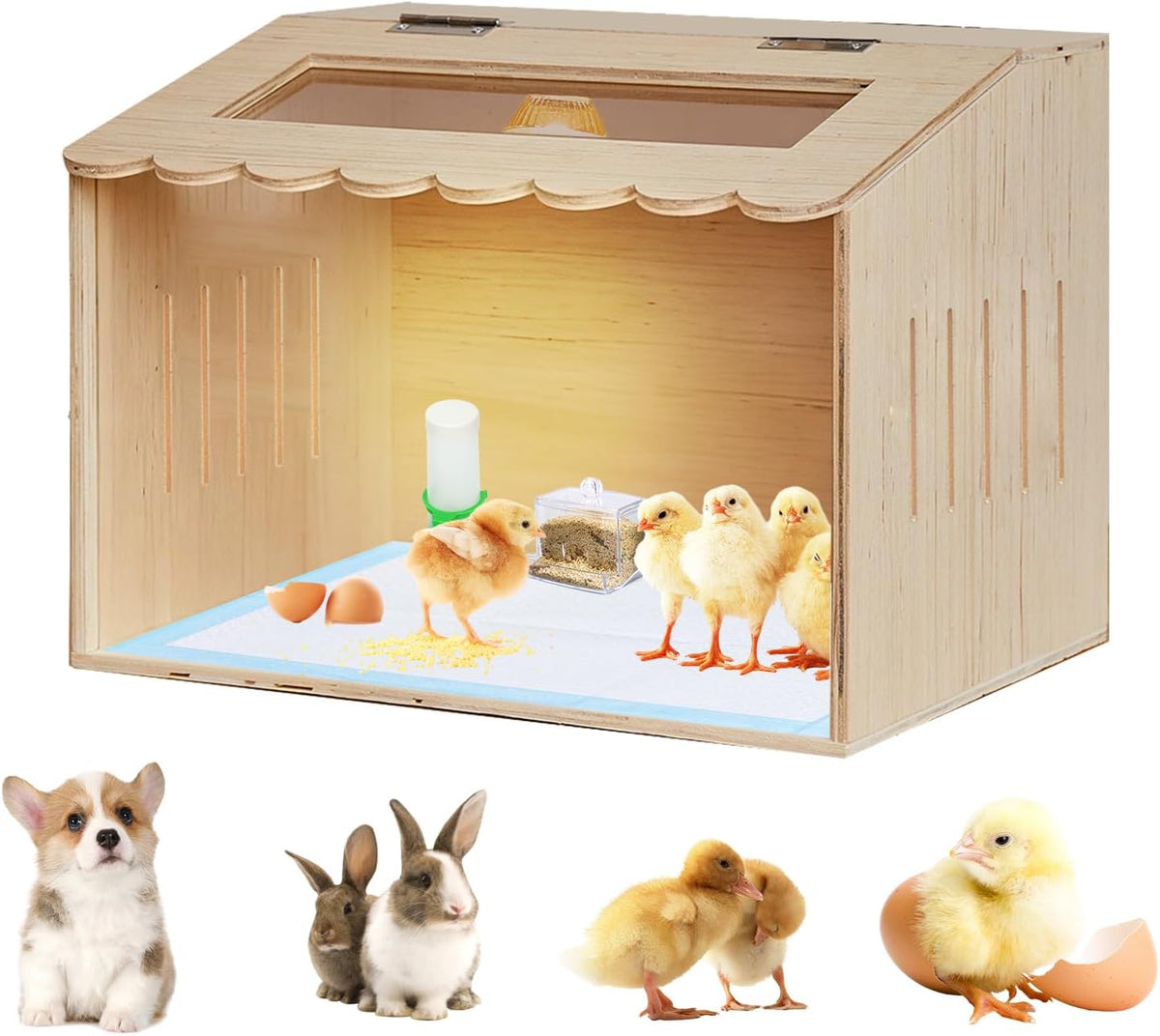Wooden Chicken Brooder Box Kit with Heating Lamp, Thermometer, Food & Water Feeders, 15.7x11.8x11.8 Inch, Complete