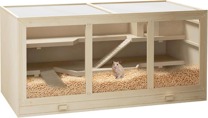 45" Extra Large Wooden Hamster Cage, 3-Layer Rat Cage with Opening Roof, PVC Window, Small Animal Habitat for Gerbil