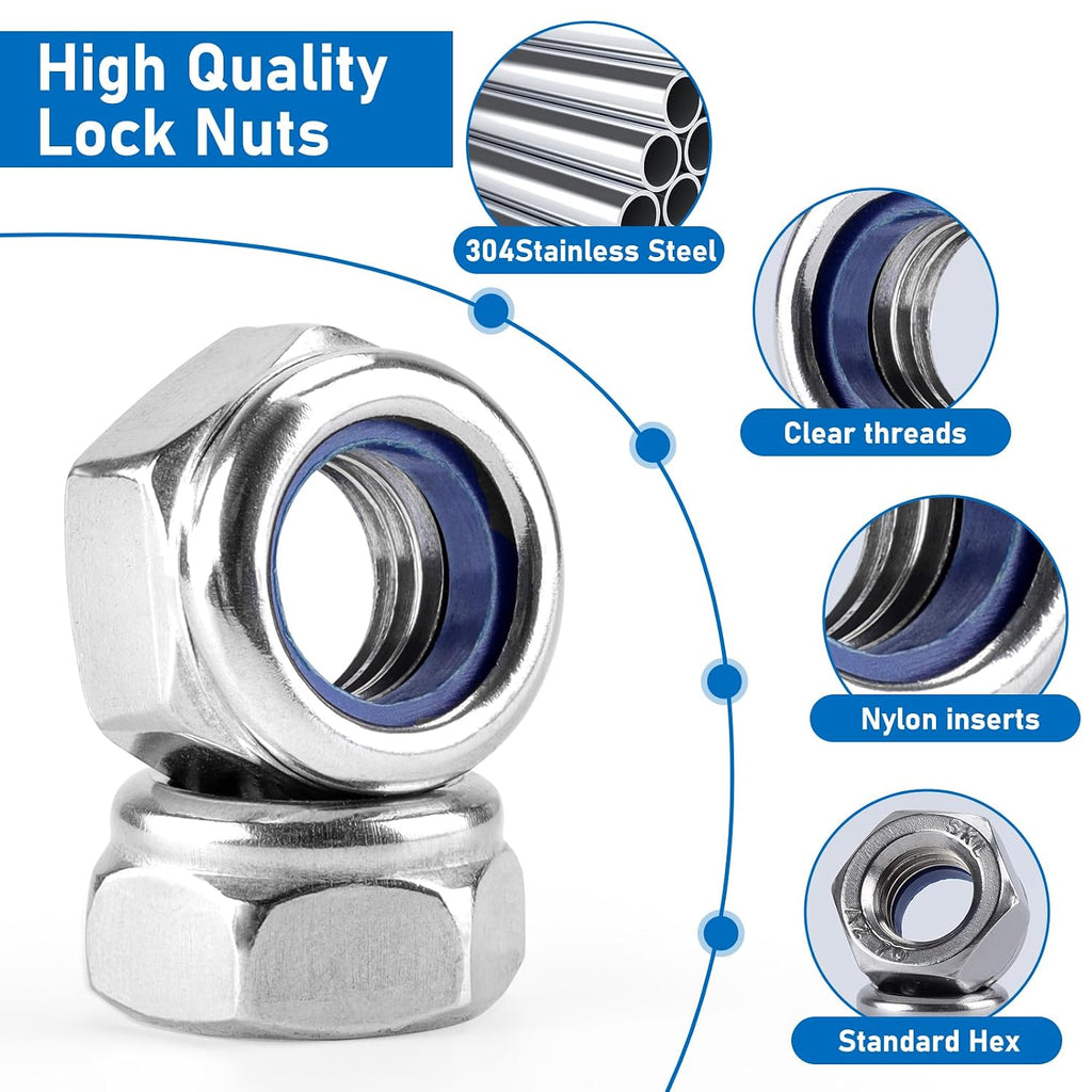 135 Pack 304 Stainless Steel A2-70 Nylon Insert Lock Nuts, SAE & Metric