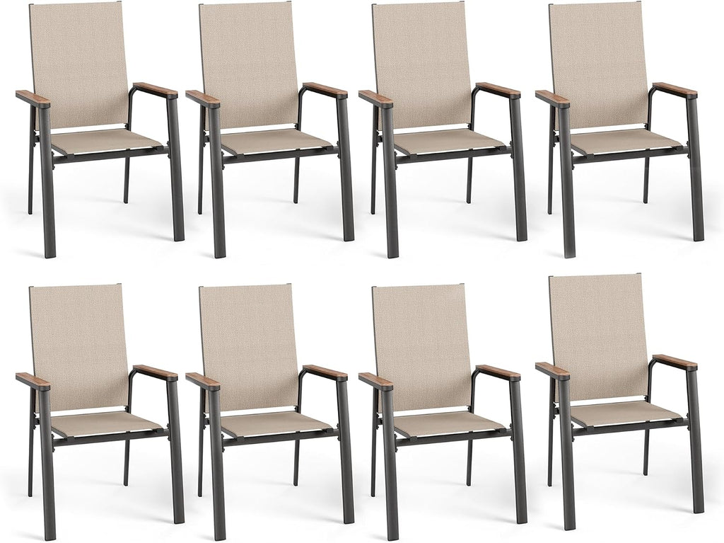 Outdoor Stackable Dining Chairs Set of 8 w/Aluminum Frame, Beige