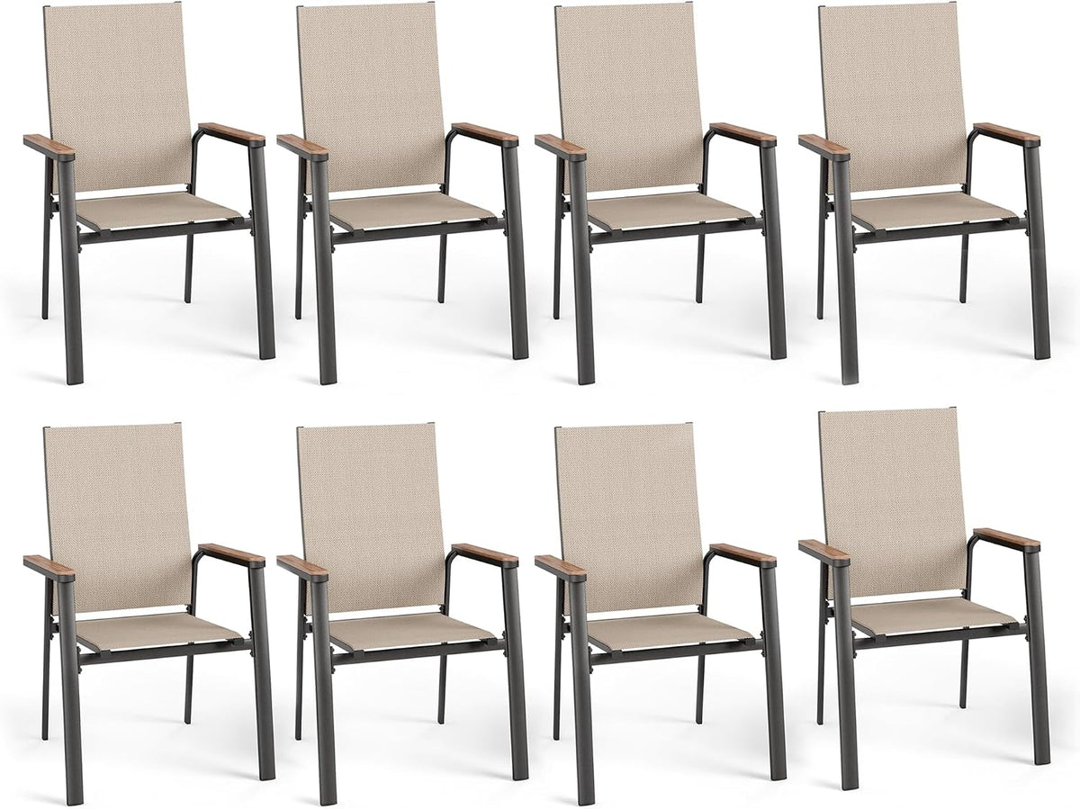 Outdoor Stackable Dining Chairs Set of 8 w/Aluminum Frame, Beige