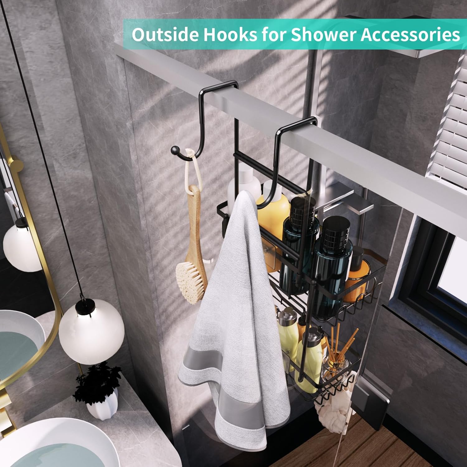 Hanging Shower Caddy Over the Door with Soap Holder, No Drilling Adhesive Shower Organizer with 11 Hooks, Rustproof &