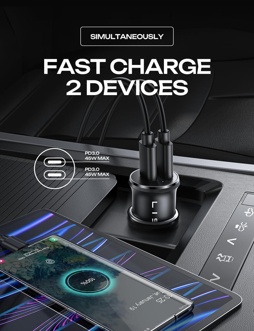90W USB C Car Charger USB C Fast Charge, 45W PD&QC 3.0 Fast Car Charger for iPhone 17 Pro Max 16 15 Pro, Cigarette
