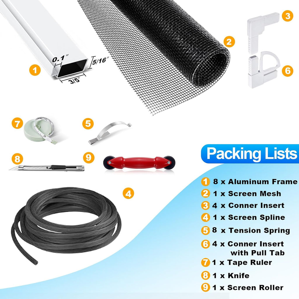 2 Sets Window Screen Frame Kit 5/16 in x 1/8 in x36inX36in Fiberglass Window Screen Replacement Kit not installed