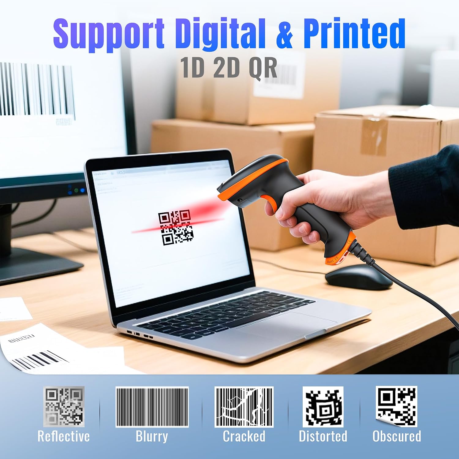 Barcode Scanner 2D USB Wired: Ergonomic Handle Plug and Play, D5100Y | IP54 Protection, 640*480 CMOS Rolling, 1D 2D