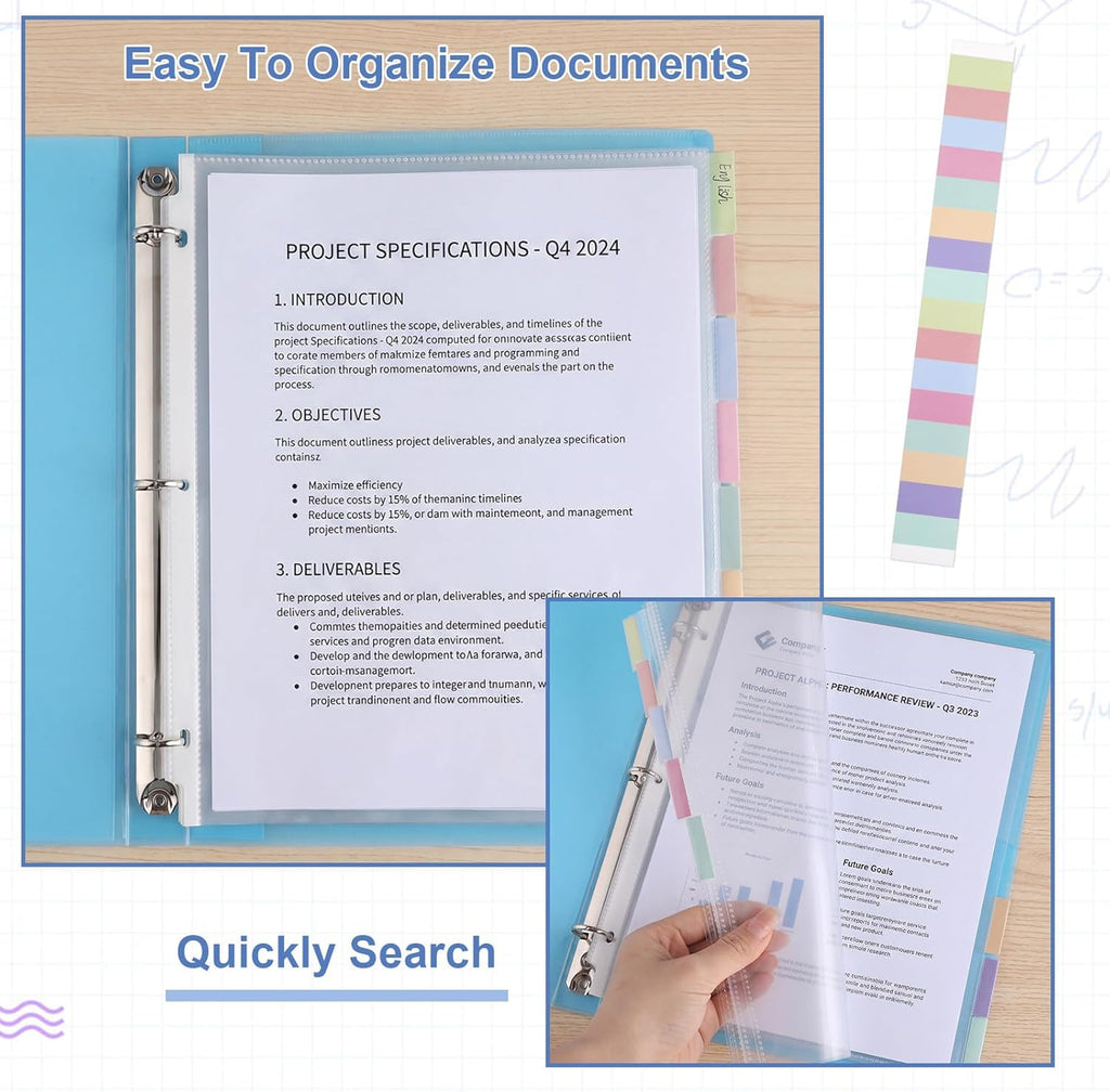 10 Sets 80Pcs Clear Sheet Protector Sleeves, Plastic 3 Ring Binder Dividers | 8.5 x 11 Inch Binder Sleeves with 8 Tab