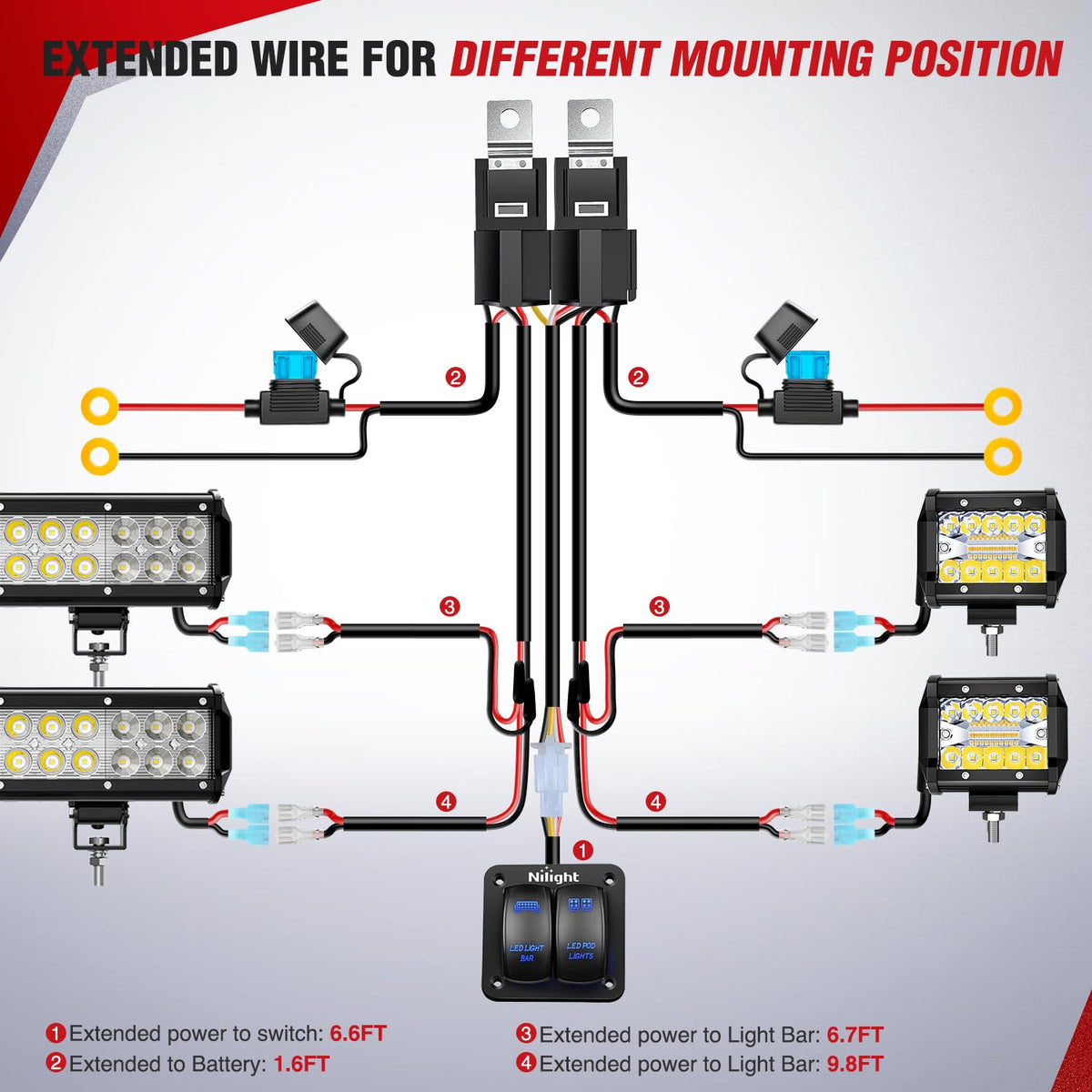 Nilight 12V On/Off Rocker Switch Panel LED Light Bar Wiring Harness Kit