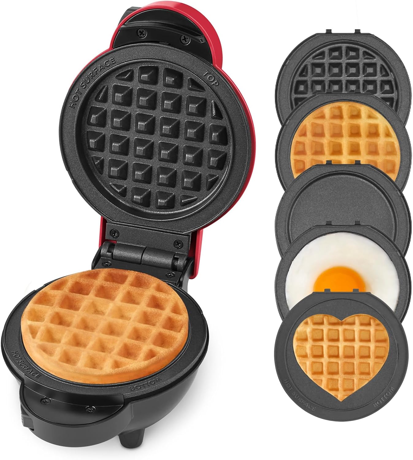 MultiMaker Mini Waffle Maker, Removable Waffle & Griddle Plates, Red | Mini Pancake Maker for Kids; Interchangeable