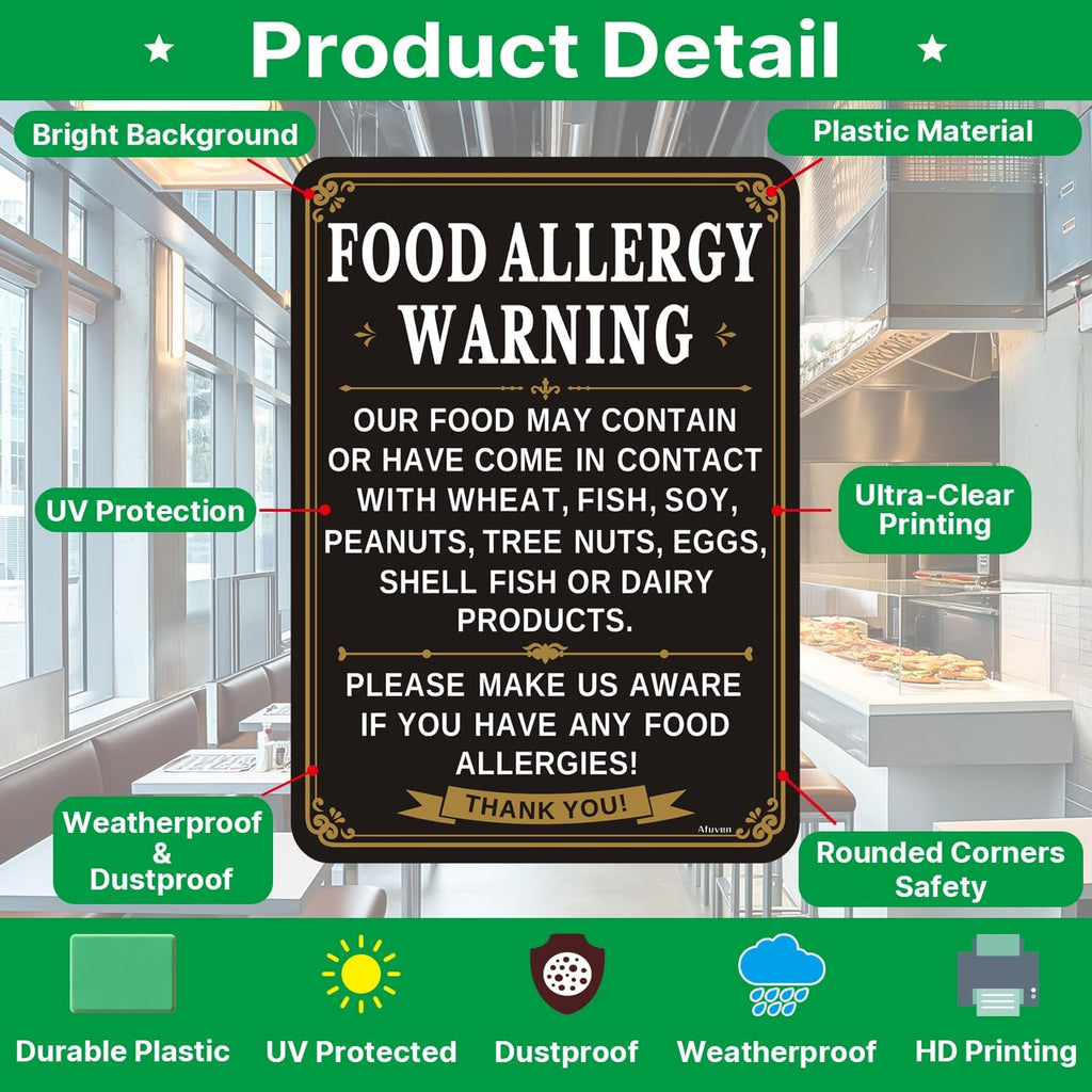 Food Allergy Warning Signs Safety 10” x 7” Suitable for Bar Cafe Restaurant Hotel, Sturdy Plastic, Self Adhesive