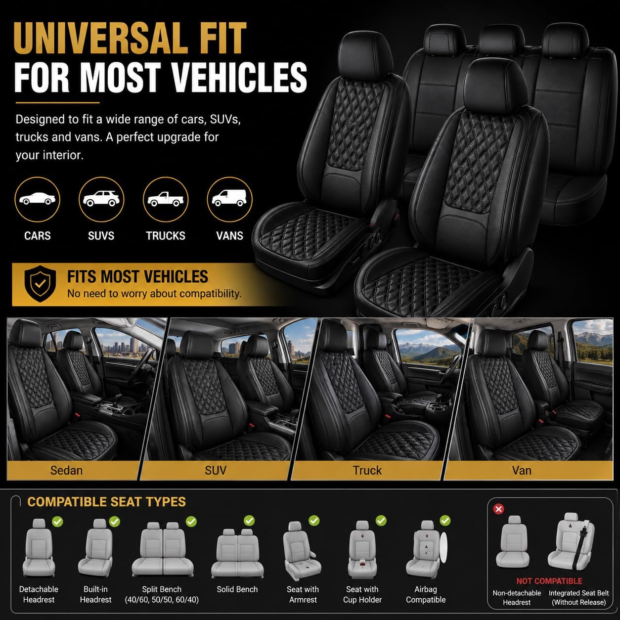 Car Seat Covers Full Set with Lumbar Support, Breathable Perforated PU Leather Seat Covers, Waterproof Seat