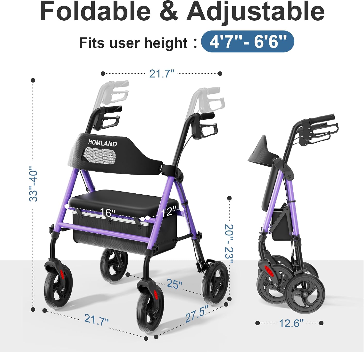Foldable Rollator Walkers with Seat for Seniors, 8'' Big Wheels, 350 lb. Weight Capacity, Adjustable Handles and Seat
