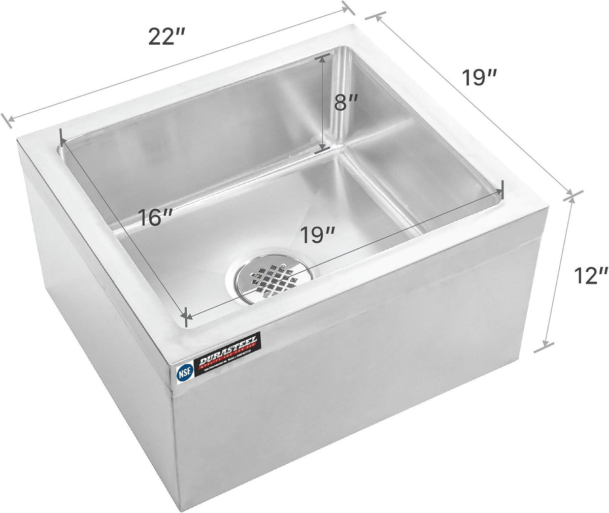 19x22x12 Commercial Floor Mop Sink - NSF Certified 304 Stainless Steel Utility Room Service Basin with Leak Proof