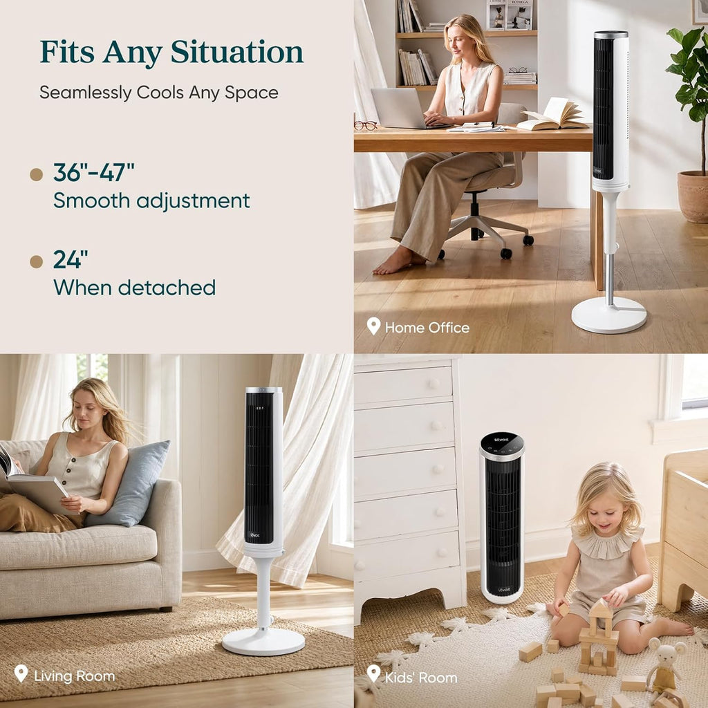 Tower Fan for Bedroom, Standing Fan with 36”-47” Adjustable Height | 28dB Quiet, 23 ft/s Velocity, Bladeless, 90°