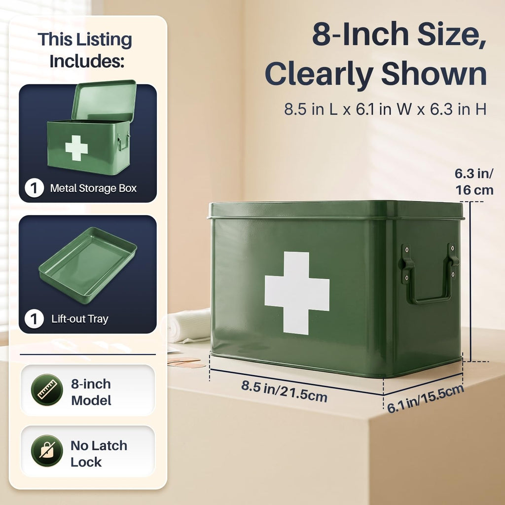 Large Metal First Aid Box Empty, 8.5-Inch, Green with White Cross