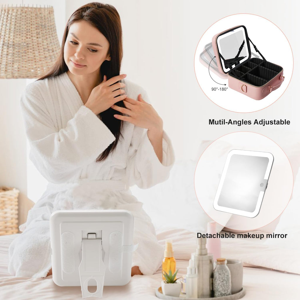 Travel Makeup Bag with LED Lighted Mirror, Travel Makeup Organizer, Makeup Case with 3 Color Lighted Setting and 10x