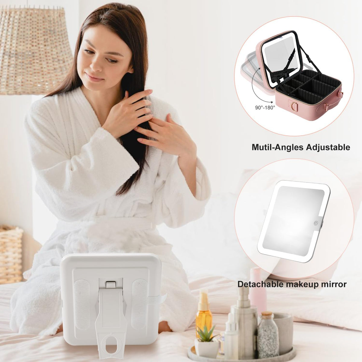 Travel Makeup Bag with LED Lighted Mirror, Travel Makeup Organizer, Makeup Case with 3 Color Lighted Setting and 10x