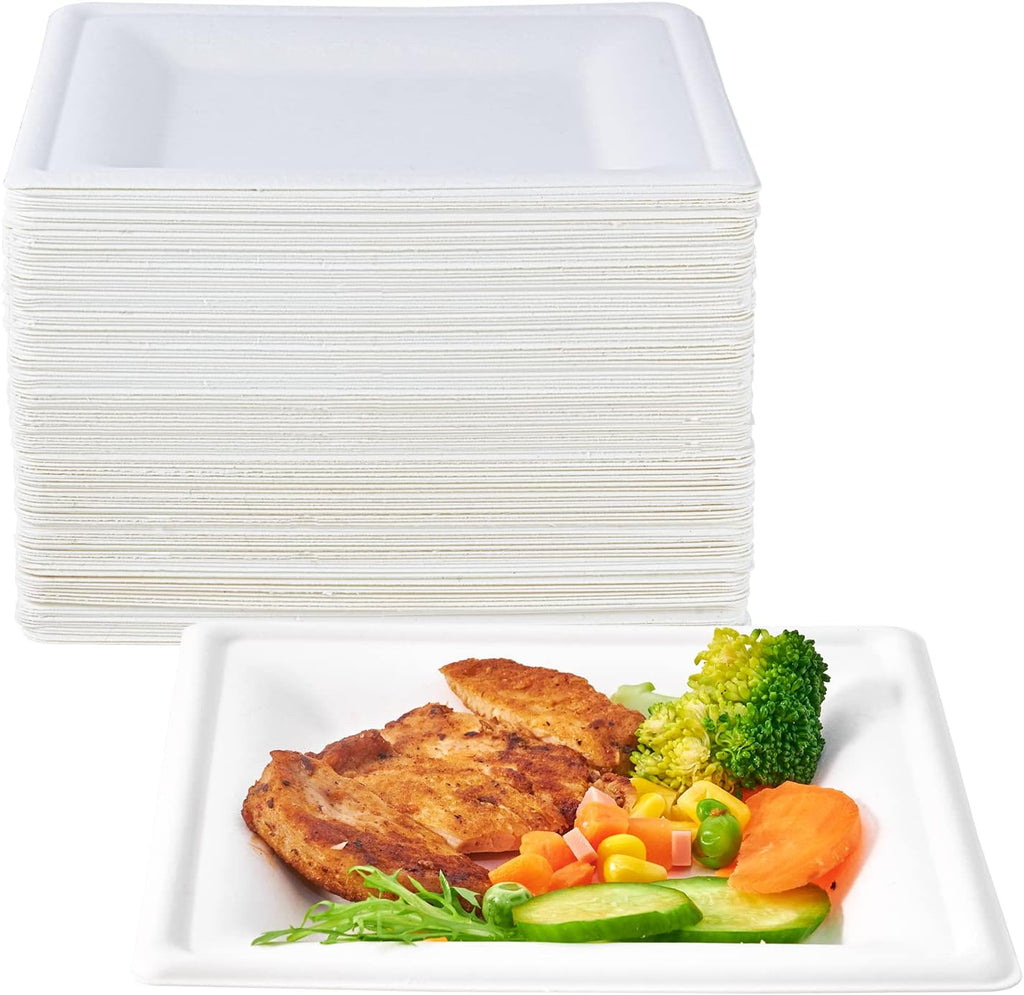 150 Piecs Compostable Square Paper Plates, 6 inch, White