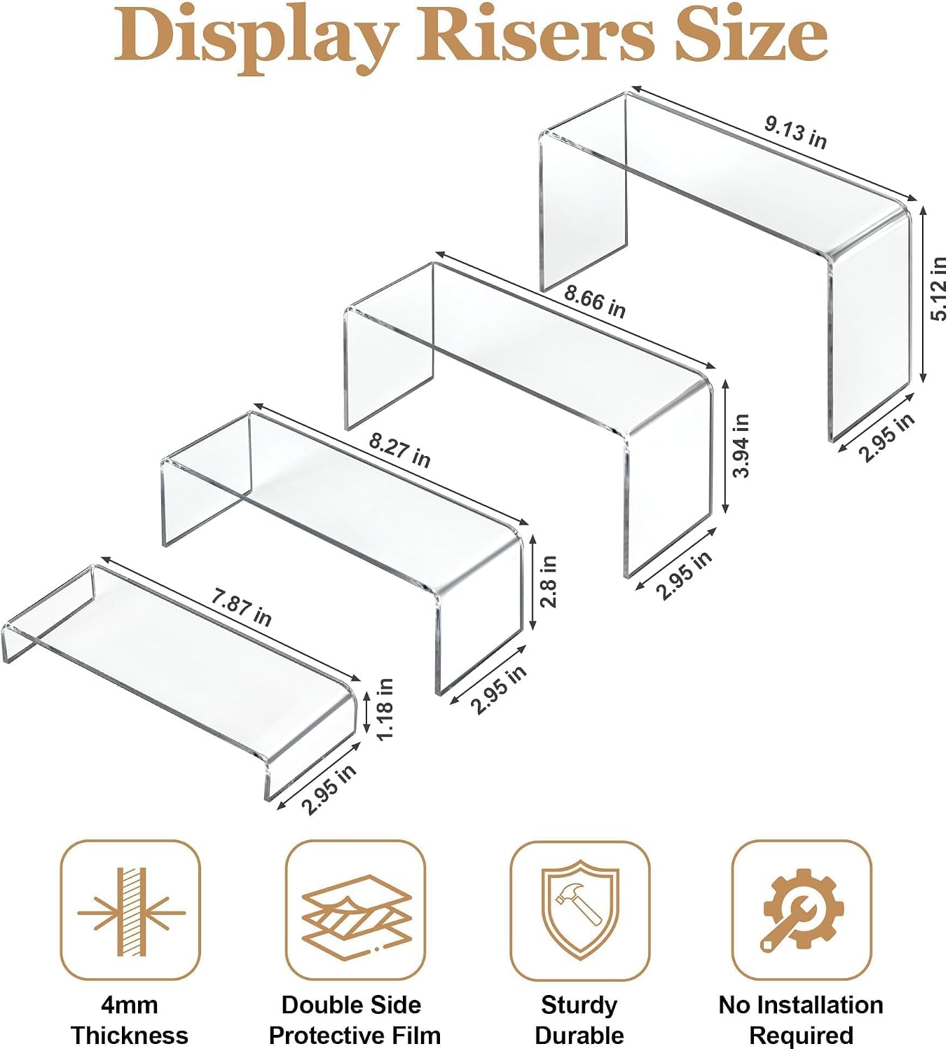 Acrylic Display Risers 8 Pcs 2 Set (7”L~8”L~9”L), Clear Rectangular Display Shelf for Dessert Table & Cupcake