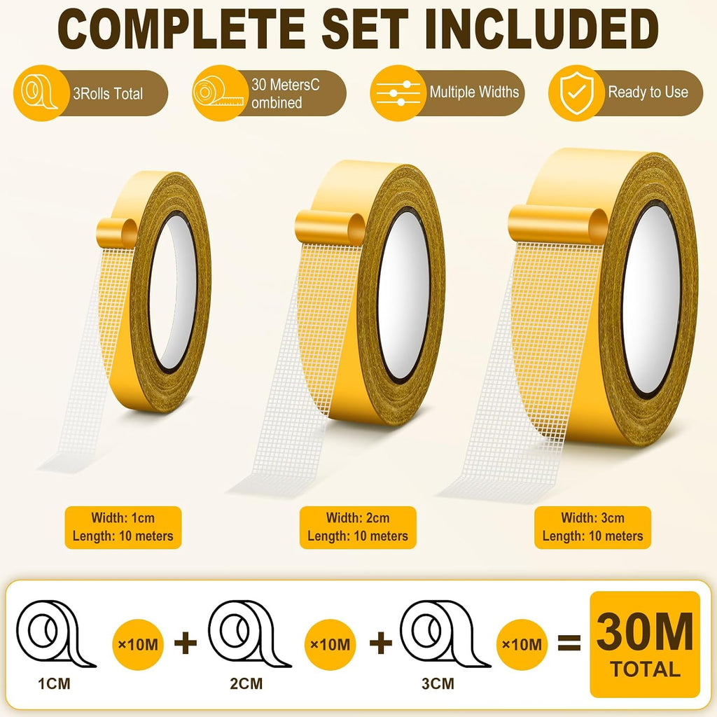 High Tack Double Sided Mesh Tape, 3 Roll Value Pack (0.4", 0.8" & 1.2" X 33ft)