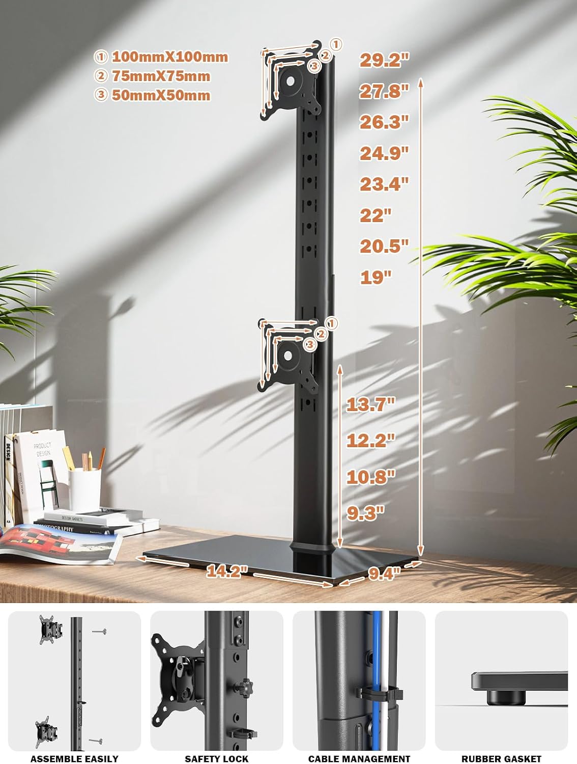 Dual Monitor Stand - Vertical Stack Screen Free-Standing Monitor Riser Fits Two 13 to 34 Inch Screen with Swivel