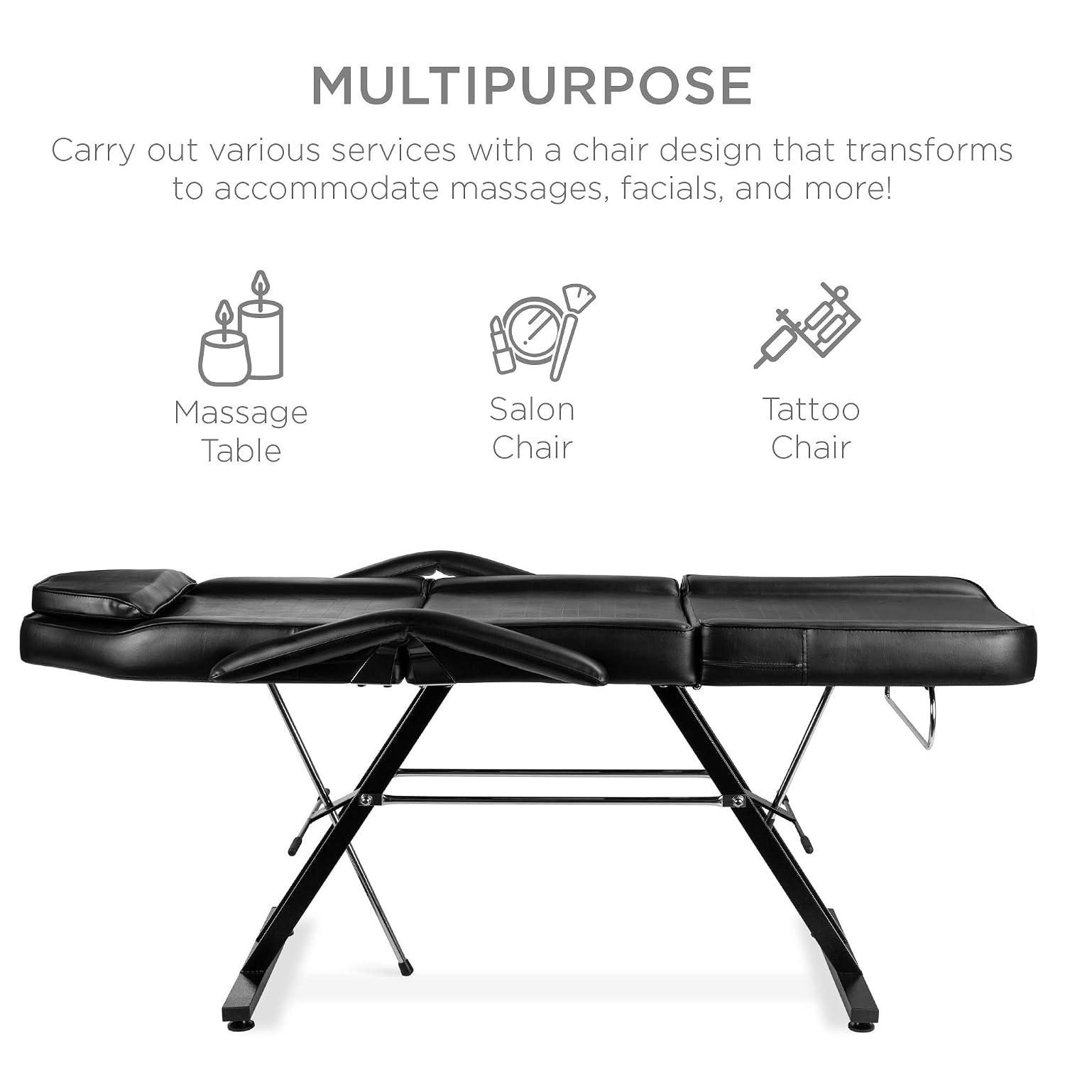 71in 3-Section Multipurpose Massage Bed, Spa & Salon Facial, Tattoo Chair w/Hydraulic Stool, Removable Headrest