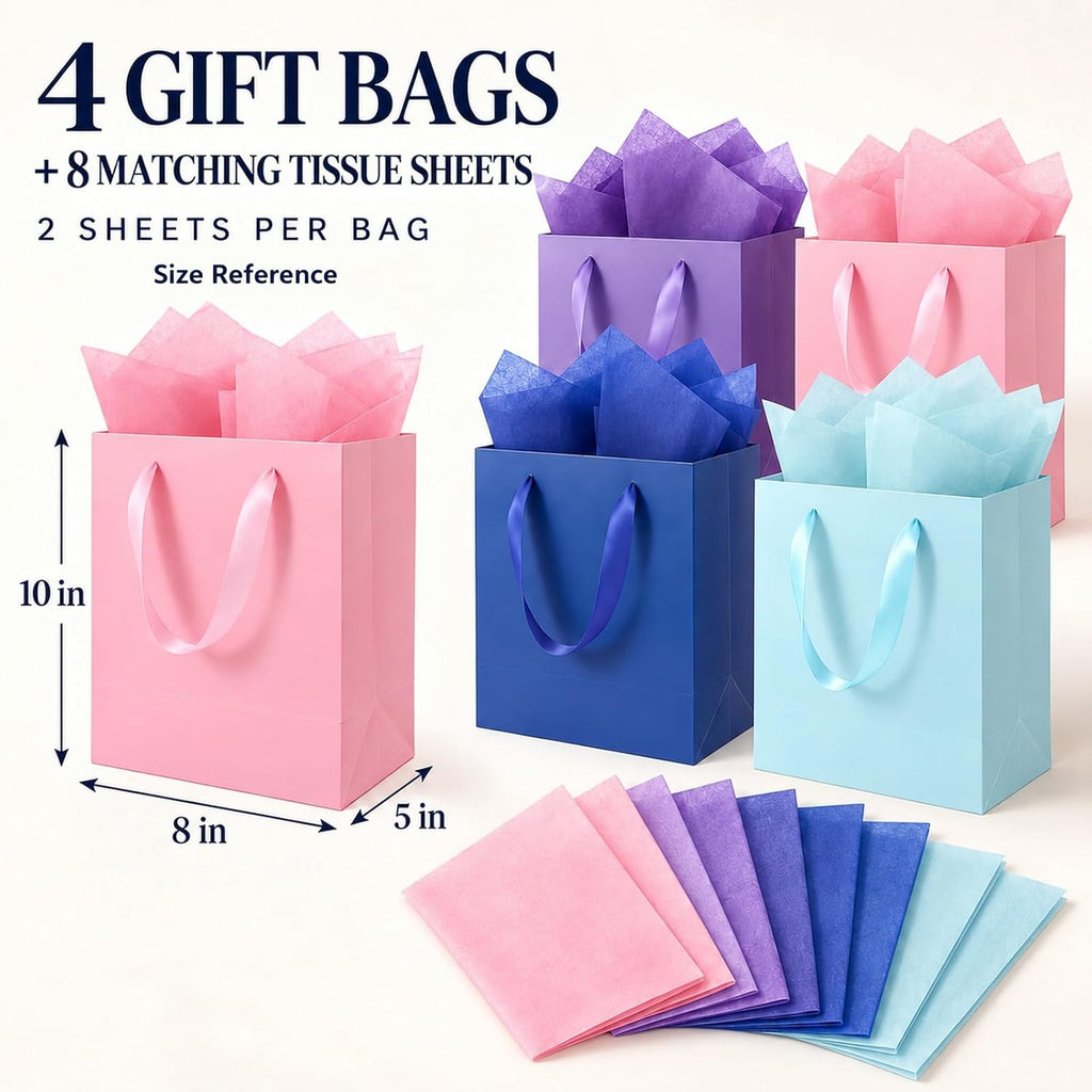 4 Pack Medium Gift Bags with Handles and 8 Tissue Papers